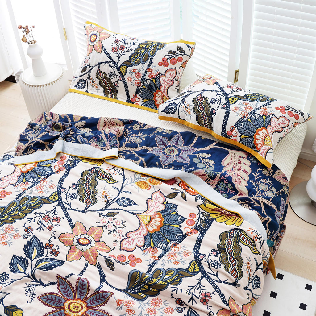 Boho Flower Blossom Farmhouse Retro Floral 100% Cotton Muslin Blanket Throw Cover for Bed Couch Sofa Cozy Soft