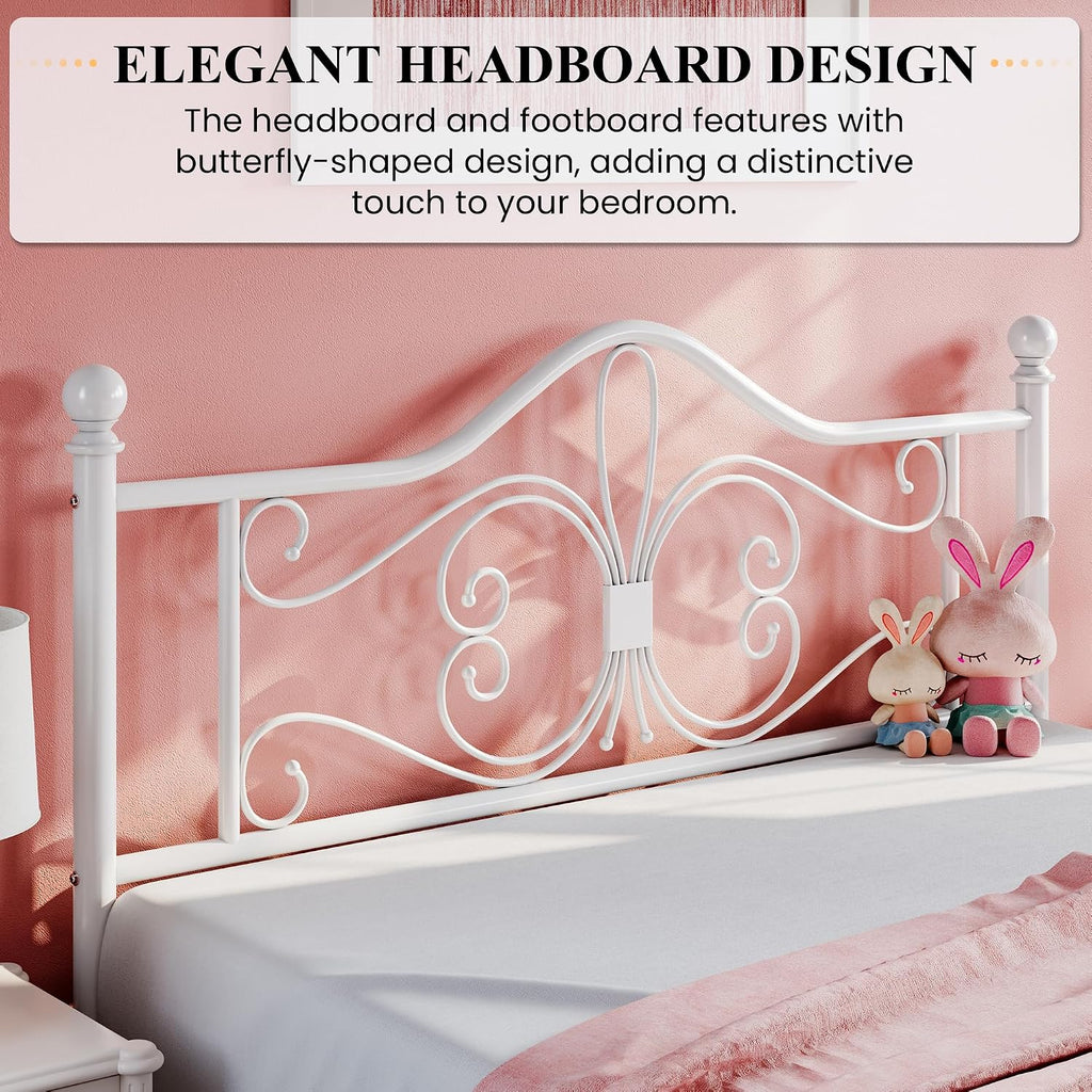 Queen Metal Bed Frame with Butterfly Headboard & Footboard, No Box Spring Needed