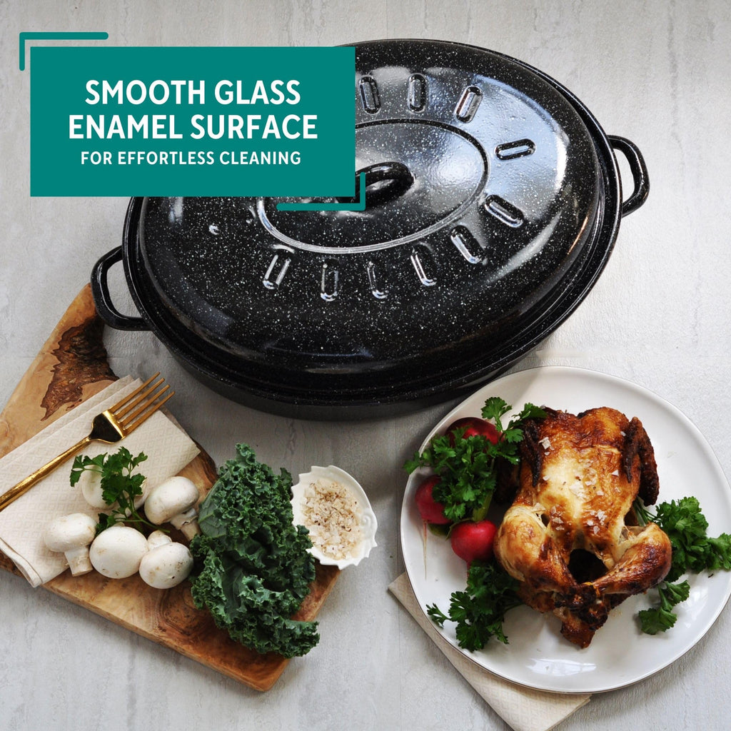 18 Inch Enamel Oval Roaster with Lid for Turkey, Black