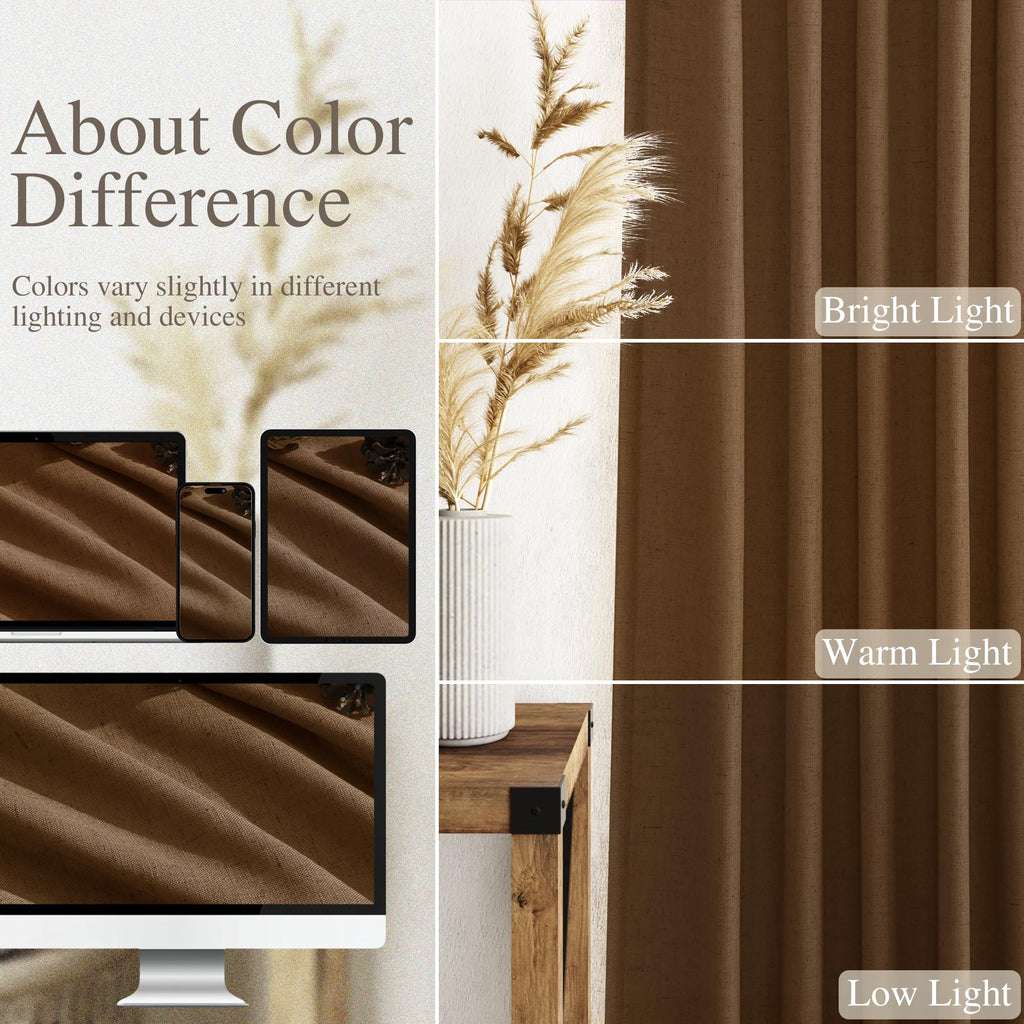 Tobacco Brown Linen Curtains 90 Inch Long Living Room Linen Textured Window Drapes Semi Sheer Light Filtering Rod