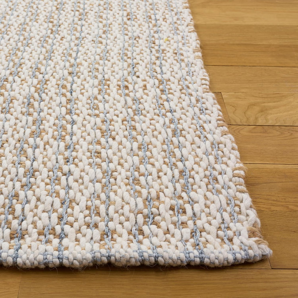 8x10 Area Rug - Natural Fiber Collection - Large - Natural & Light Blue, Handmade Jute & Wool, Ideal, Dining Space