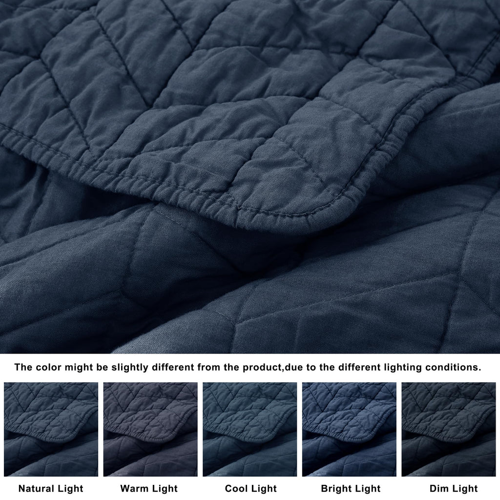 Navy Blue 100% Cotton Quilt California Bedding Sets with Pillow Shams, Oversized Lightweight Soft