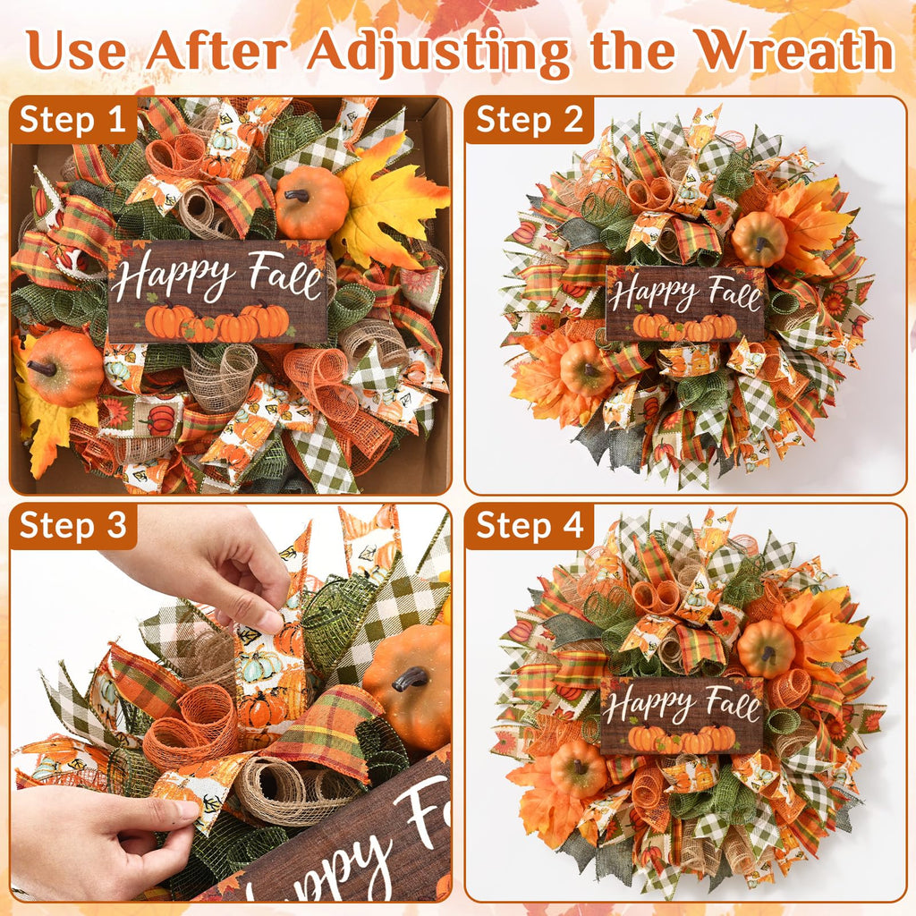 Fall Decor, Fall Wreaths for Front Door, 20" Wreath Mesh Bow with Wood Sign