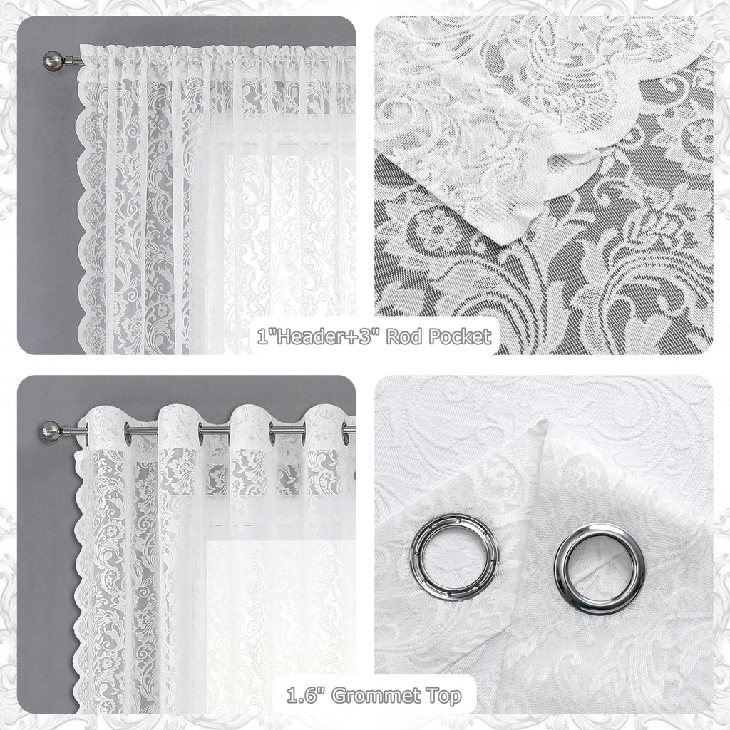 White Sheer Lace Curtains 54 inch Vintage Floral Short Curtain Panels Living Room Bedroom Light Filtering White