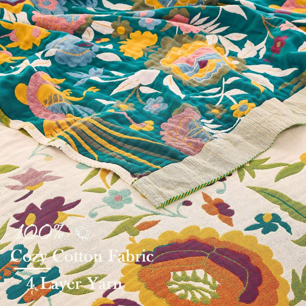 Boho Throw Blanket for Bed, 100% Cotton Soft Rustic Quilt Fall Blanket, 50"x60" Colorful Floral Printed Farmhouse