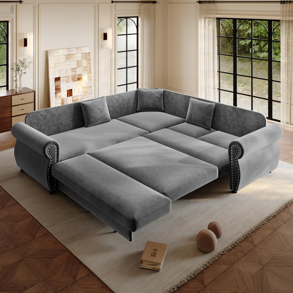 88.2" Chenille Sleeper Sofa Bed, Sectional Couches /Apartment, L Shaped Couch with Pull Out Couch Bed, Convertible