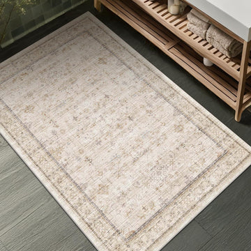 Farmhouse Bathroom Rug 2x3 Beige, Machine Washable Small Non Slip Indoor Entryway Area Rug, Low Pile Thin Neutral