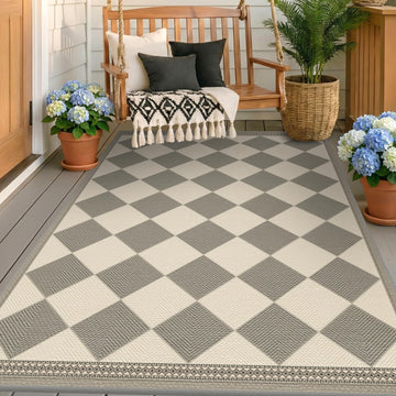 Diamond Corner Easy Jute Rug 4x6, Large Checkered Farmhouse Indoor Outdoor Patio Carpet for Backyard, Porch Decor