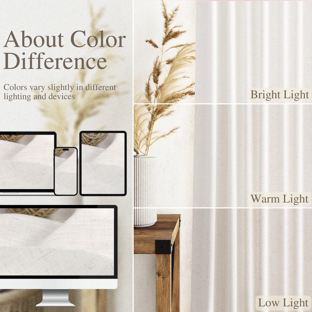 Ivory White Linen Curtains 90 inch Back Tab Rod Pocket Semi Sheer Cotton Textured Gauze Curtain Modern Farmhouse