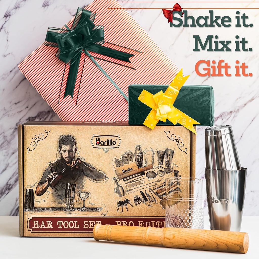 Bar Tool Set Pro Edition Bundle w/Bamboo Bar Tool Stand - 33-Pc Bar Set Essentials - Stainless-Steel Cocktail Shaker - Set of 32