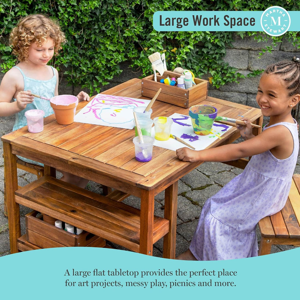 Kids Outdoor Craft Table and 2 Bench Set: Acacia Wood Activity Desk w/Crate, Caddy, and Storage Shelves | Kids Play &