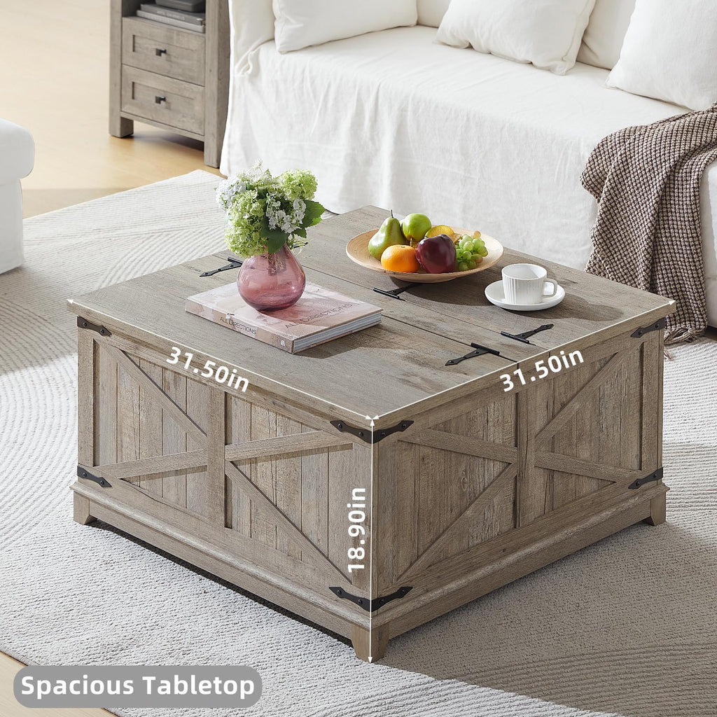 Farmhouse Coffee Table with Hidden Storage Organizer, Modern Square Large Center Table, Wood Farm House Low Rustic