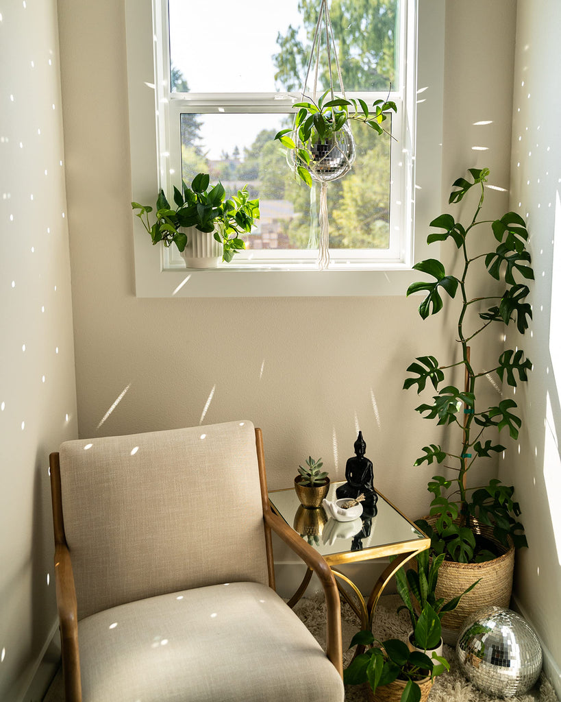 Disco Ball Planter 8" with Acrylic Base and Cotton Macrame Plant Hanger - Décor, Room Décor, Boho Décor, Disco