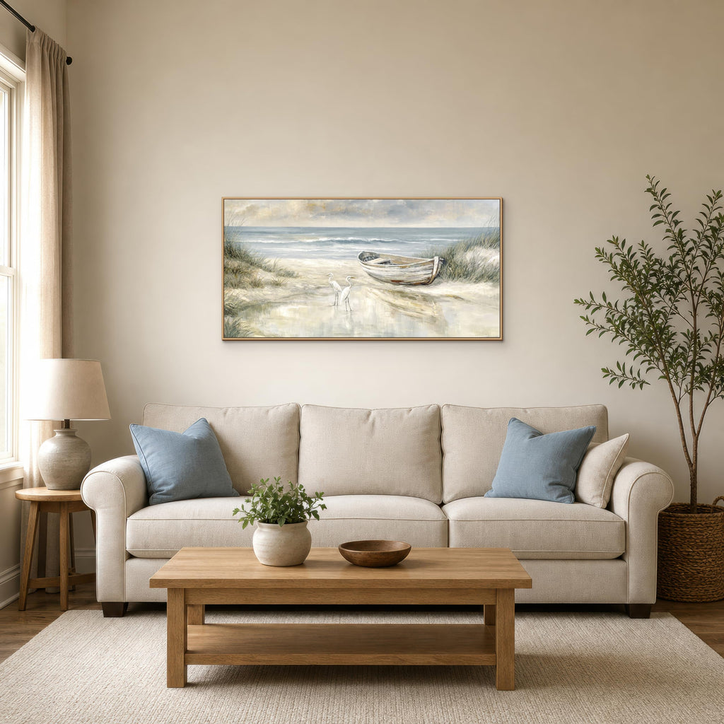 Framed Coastal Wall Art, Blue Gray Beach Canvas Print with Rowboat and Shorebirds, Horizontal Ocean Landscape