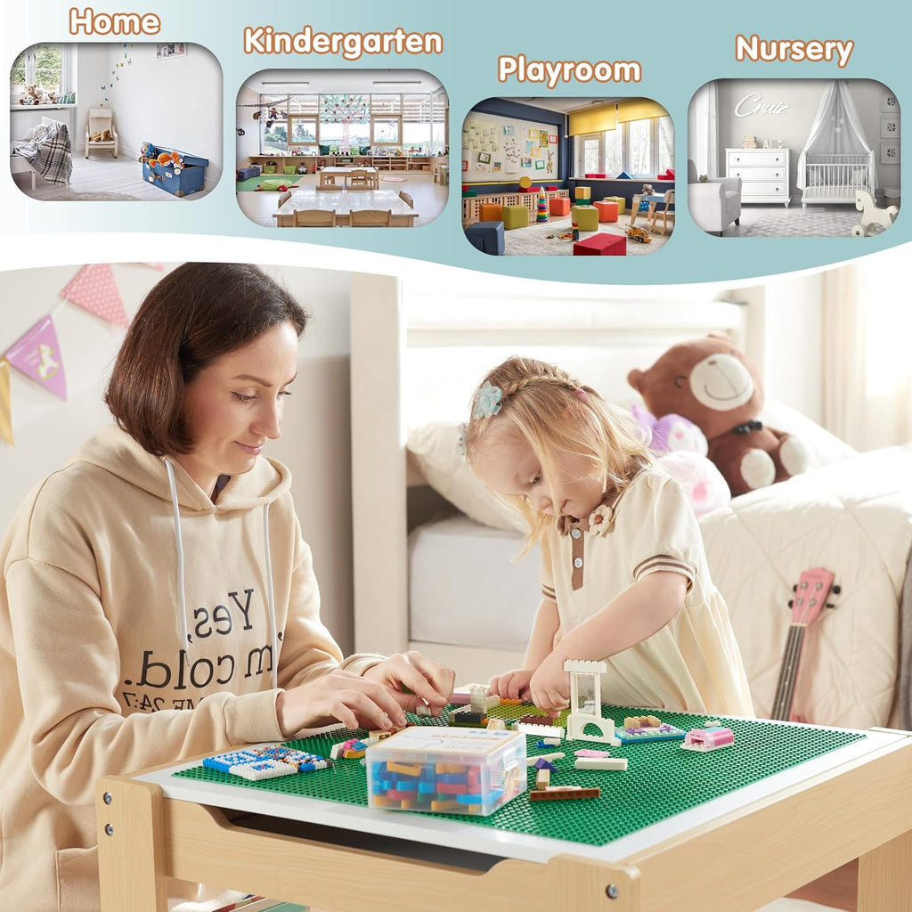 Kids Table and Chair Set, 4 in 1 Wooden Activity Table with Bookshelves and Storage Drawer, 2 in 1 Detachable