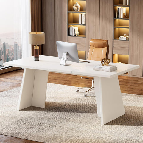 White Executive Desk, 63" Large Office Computer Conference Meeting Table with Wooden Robust Pedestal