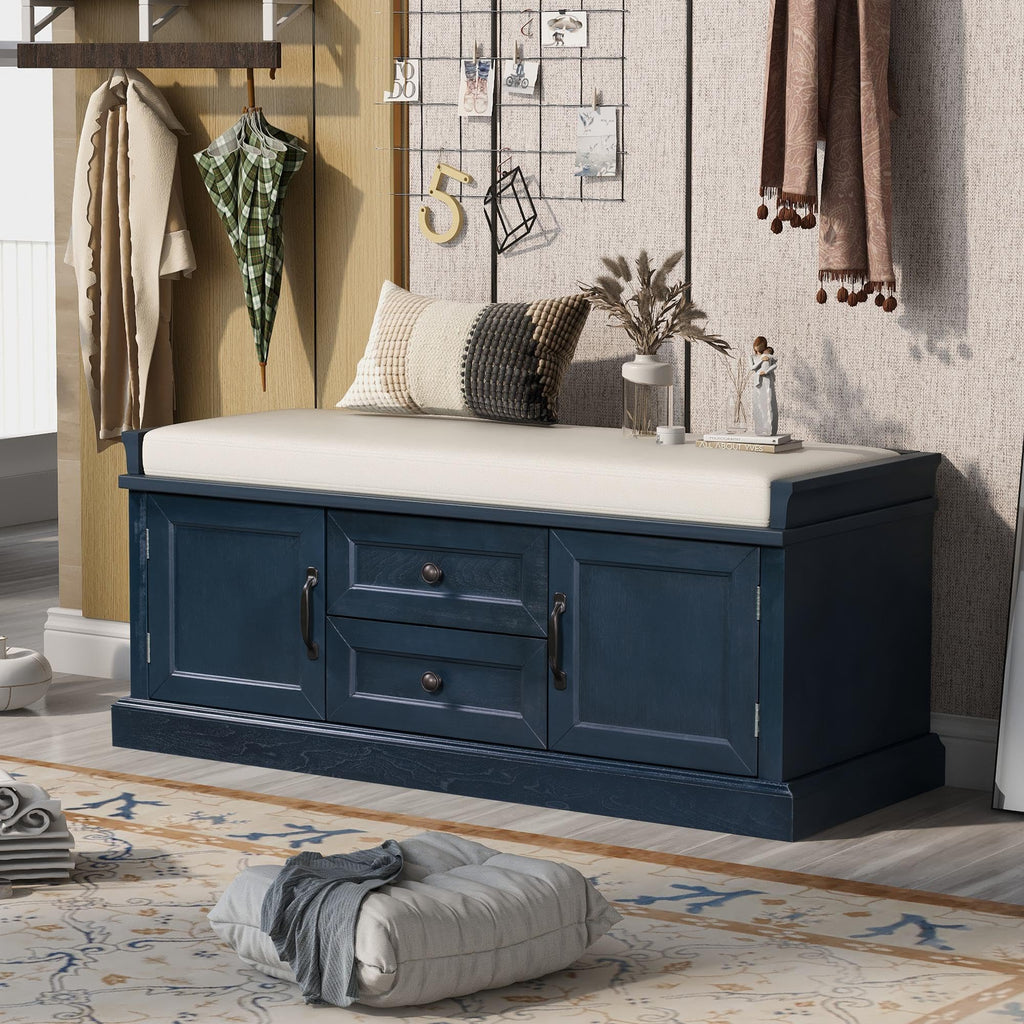 Rustic Storage Bench with 4 Doors 2 Draws Adjustable Shelves Removable Cushion Rectangular Cabinet Foot Rest Stool