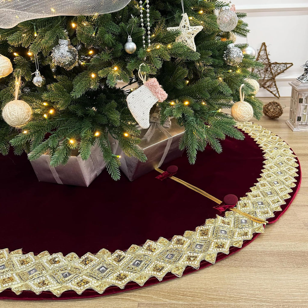 60-Inch Venetian Gilded Velvet Christmas Tree Skirt with Gold Embellished Border, Foam-Padded, Button Closure