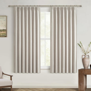 Short Black Out Curtains 56 Inch Long 54 Inch Length Window Treatments, Blackout Linen Boho Pinch Pleated Kitchen - Set of 2