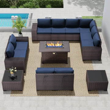13 PCS Outdoor Patio Furniture Set, Outdoor Sectional Furniture with 43" 55000 BTU Gas Propane Fire Pit Table, All