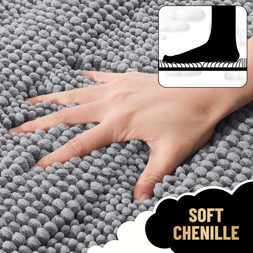 Thick Bathroom Rugs 36x24, Soft Chenille Striped Bath Rugs, Grey | Rubber Backing, Machine Wash, Extra Absorbent Bath