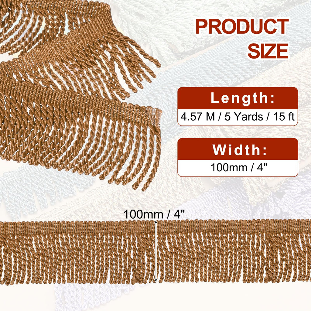 Dark Beige Fringe Trim, 5 Yards x 4inch Fringe Trim Curtain Tassel Thick Long Fabric Sewing for Curtain Sofa Clothes