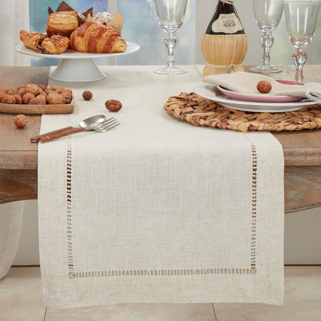 Poly and Linen Blend Hemstitched Table Runner with Hemstitch Border, 18"x108", Natural