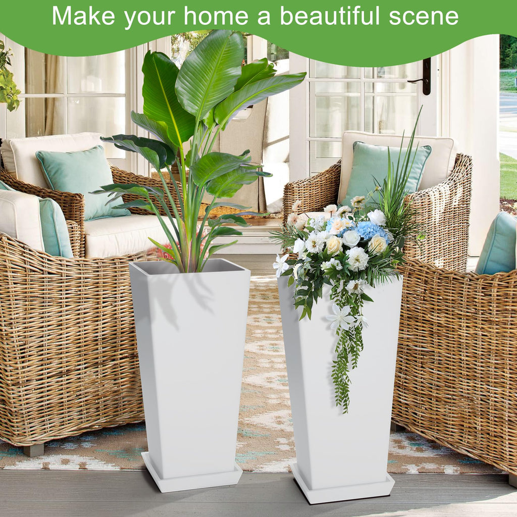 Set of 2 Tall Outdoor Planters 24 Inch, Large Planters for Indoor Outdoor Plants, Tapered Square Flower Pots with