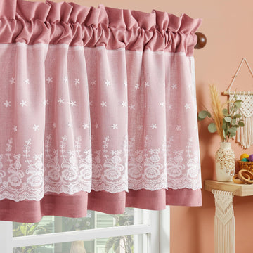 Linen Kitchen Valance for Windows 18 Inch Long, Rod Pocket Lace Double Layer Valance Living Room Laundry Light