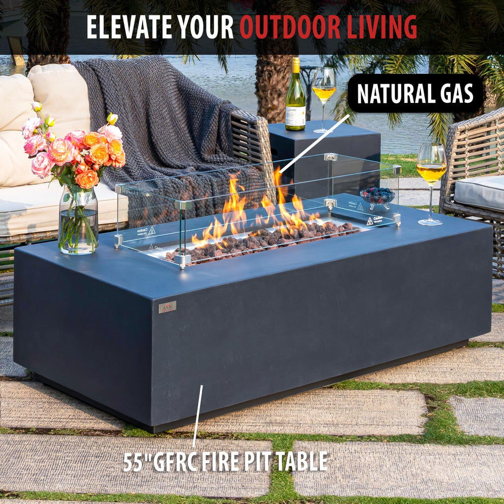 AMS 55" Rectangular Concrete Natural Gas Fire Pit Table (Wavy Dark Gray)