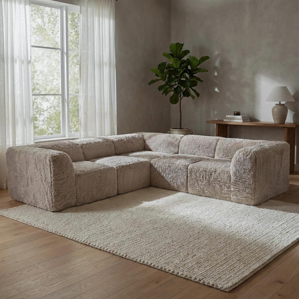 Havyn Modern Faux Fur 5-Seater L-Shaped Modular Foam Sectional Sofa, Compressed Couch in a Box, No Assembly Required