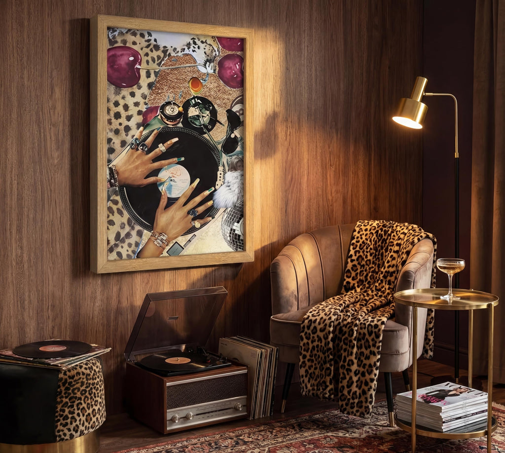 Framed Y2K Aesthetic Wall Art Trendy Vinyl Record and Leopard Print Picture Retro Music Decor Preppy Room Decor for