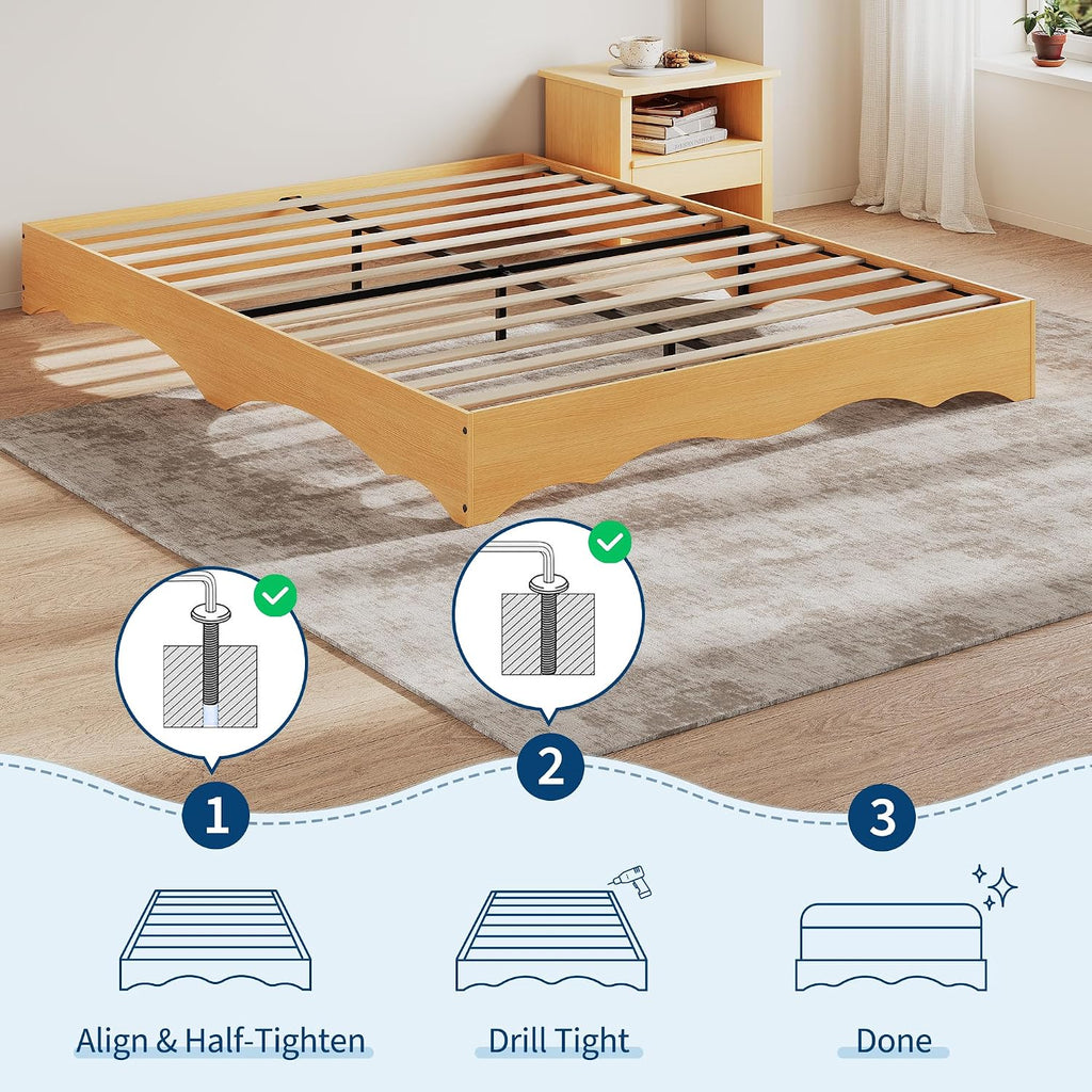 Japanese-Inspired Low Profile Wood Platform Bed Frame with Wavy Edge - Solid Slat Support, Noise-Free, No Box Spring
