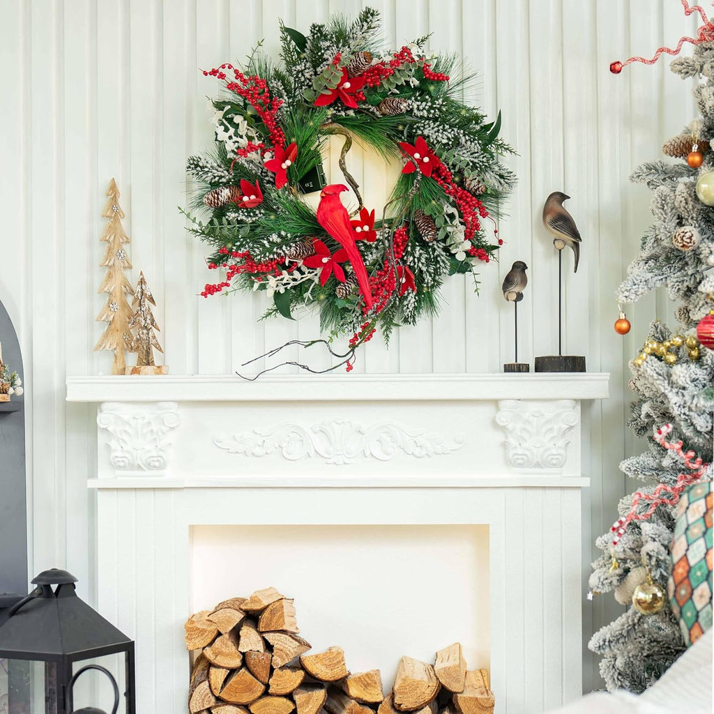 Christmas Wreath with Lights, 24 Inch Lighted Christmas Wreaths for Front Door with Pine Needles and Berries, Large
