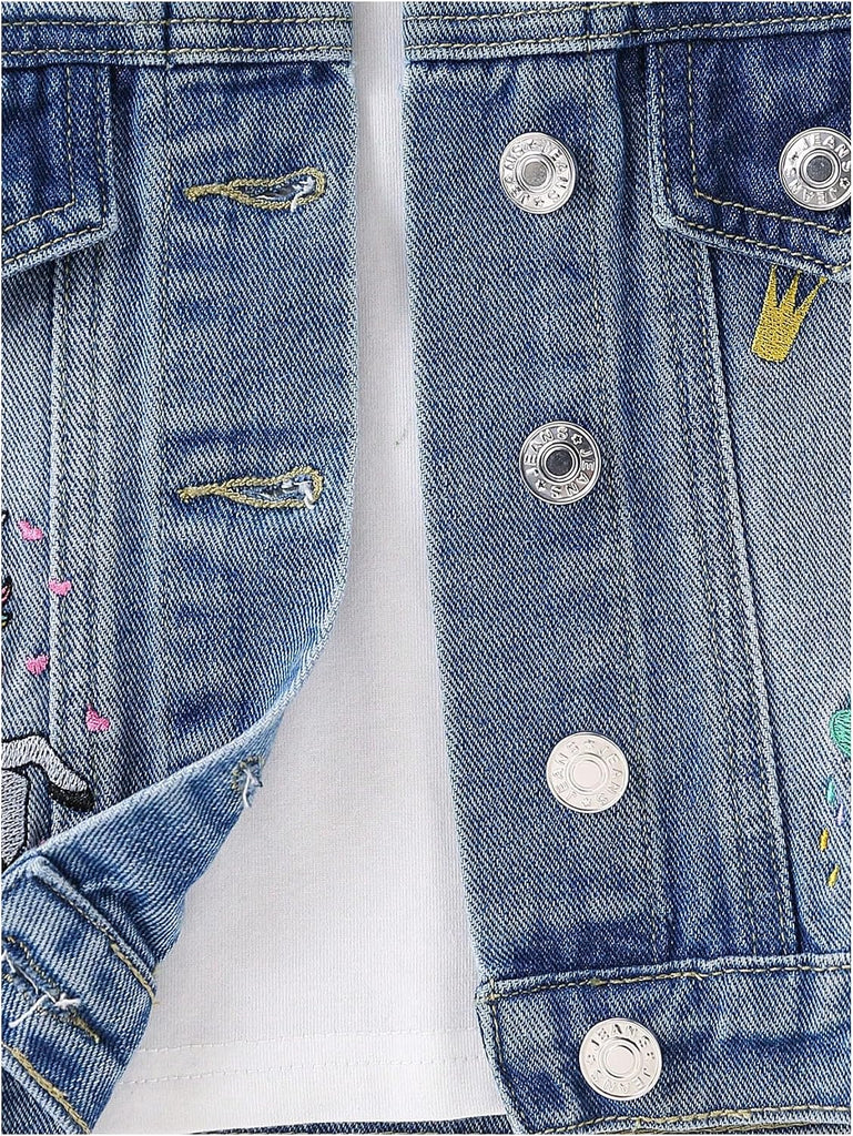 Girl's Jean Jacket Cute Embroidery Button Long Sleeve Denim Jackets