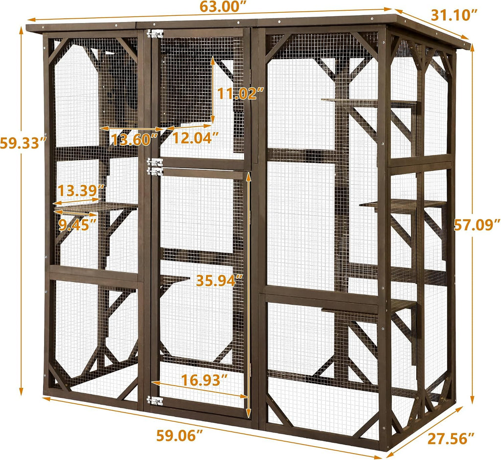 Cat Enclosure Large Outdoor Catio Wooden Cat House with Weatherproof, Cat Cage Condo Indoor Playpen with Platform