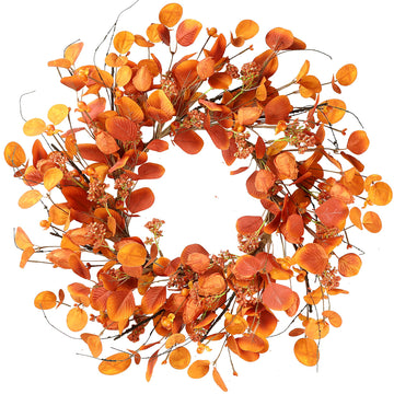 Fall Wreath 20'' Autumn Harvest Wreath with Eucalyptus Berries, Silk Orange Leaves, Cape Gooseberries for Outside