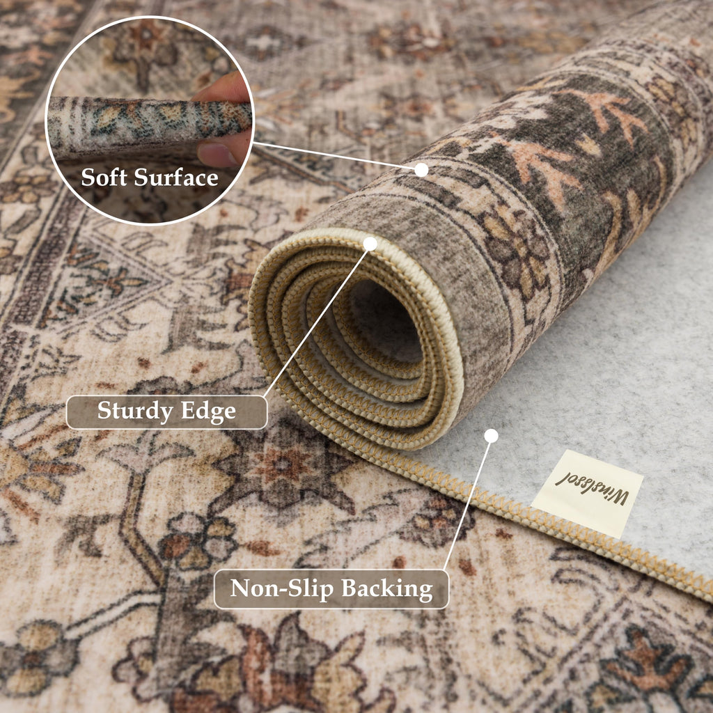 Washable Hallway Runner Rug, Vintage Non-Slip Low Pile Rugs Brown