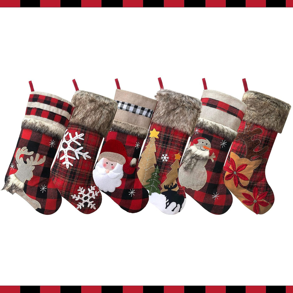 BRvieluck Christmas Stockings Set of 6 Buffalo Red Plaid with Soft Faux Fur for Family Fireplace Hanging Large 20
