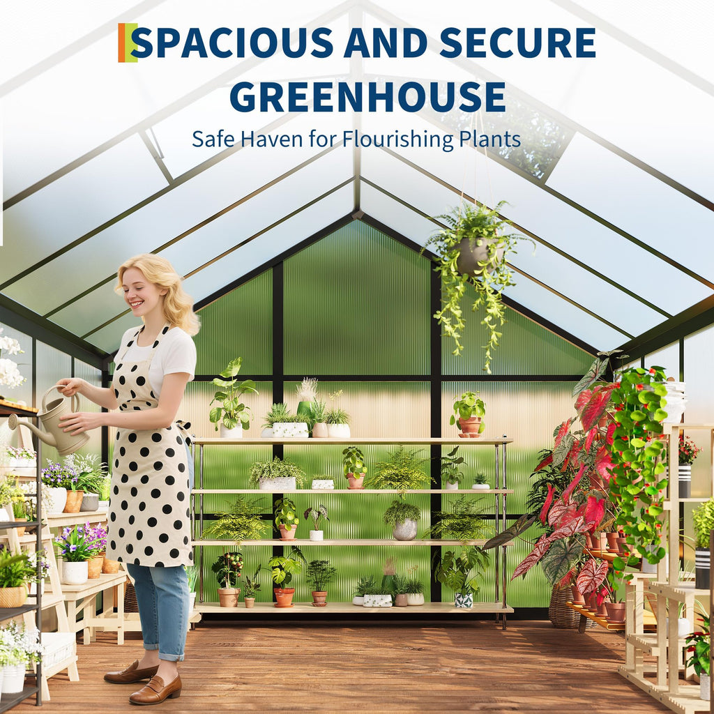 8x10 FT Greenhouse, Greenhouses for Outside, Polycarbonate Greenhouse with Aluminum Frame, Lockable Door and