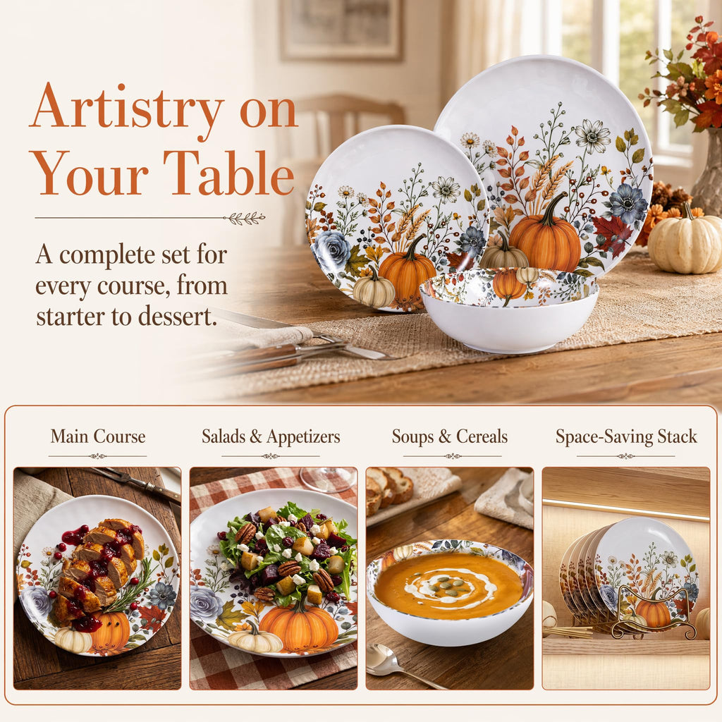 12pcs Melamine Dinnerware Set - Fall Pumpkin Plates and Bowls for RV