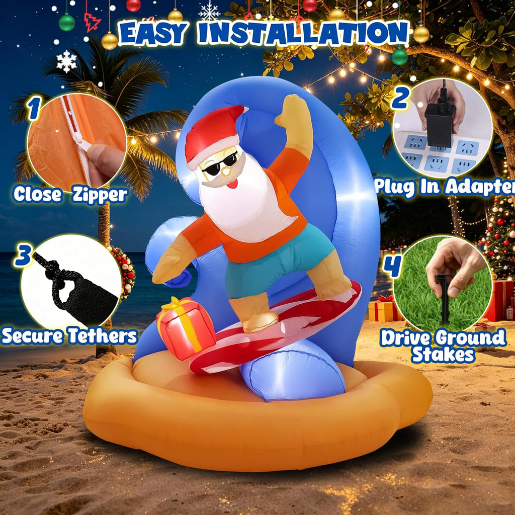 Christmas Inflatables Outdoor Santa Claus Surfing, 6FT Inflatable Santa Bulit in Led Lights, Blow up Xmas Yard