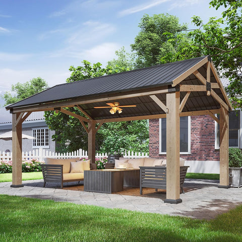 12' x 16' Outdoor Wood Gazebo, Permanent Cedar Wooden Pavilion with Galvanized Steel Hardtop Gable Roof