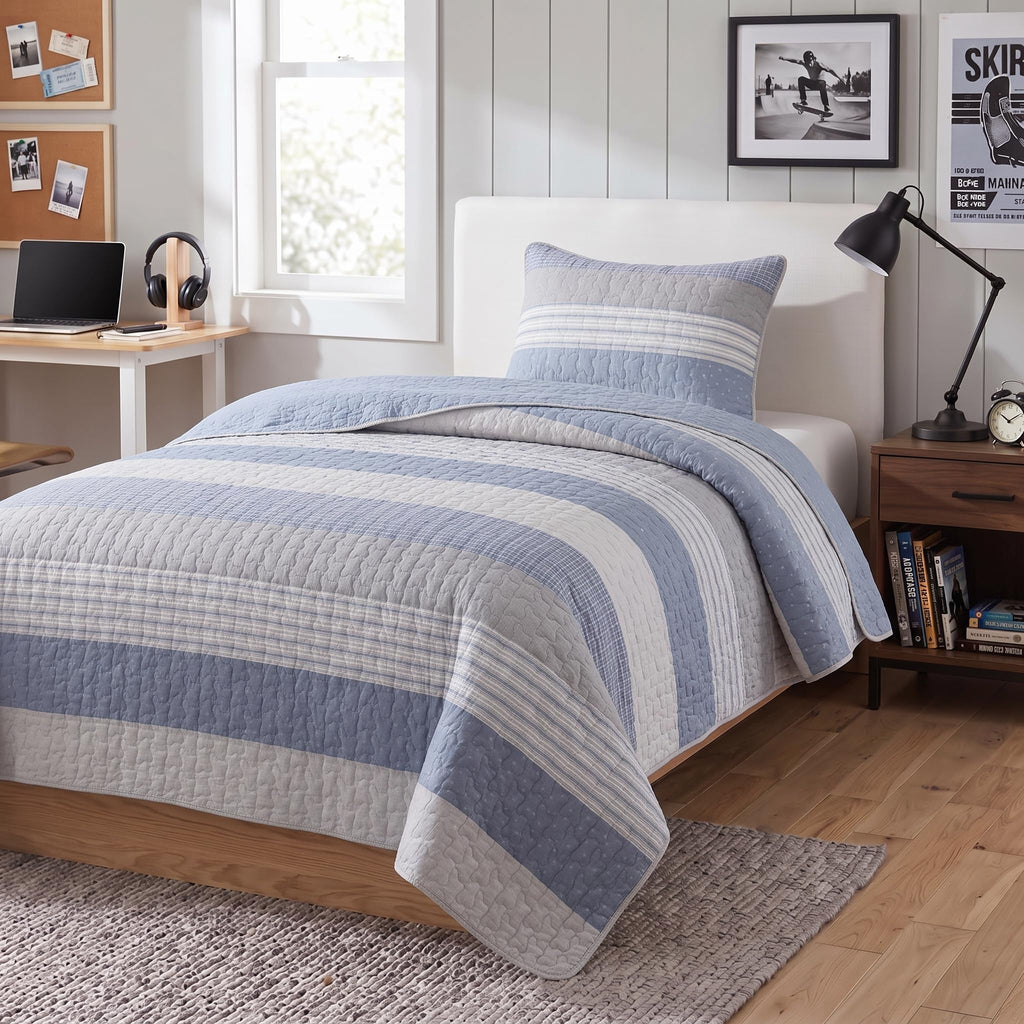 Blue Horizon Striped Cotton Quilt Set, with 1 Sham