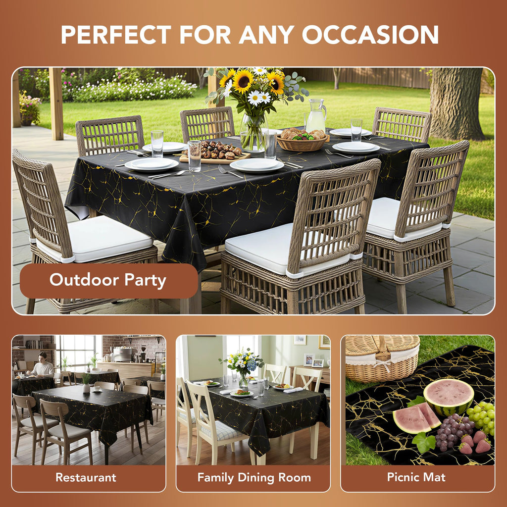 100% Waterproof Vinyl Tablecloth 54x78 Inch Rectangle, Black Marble