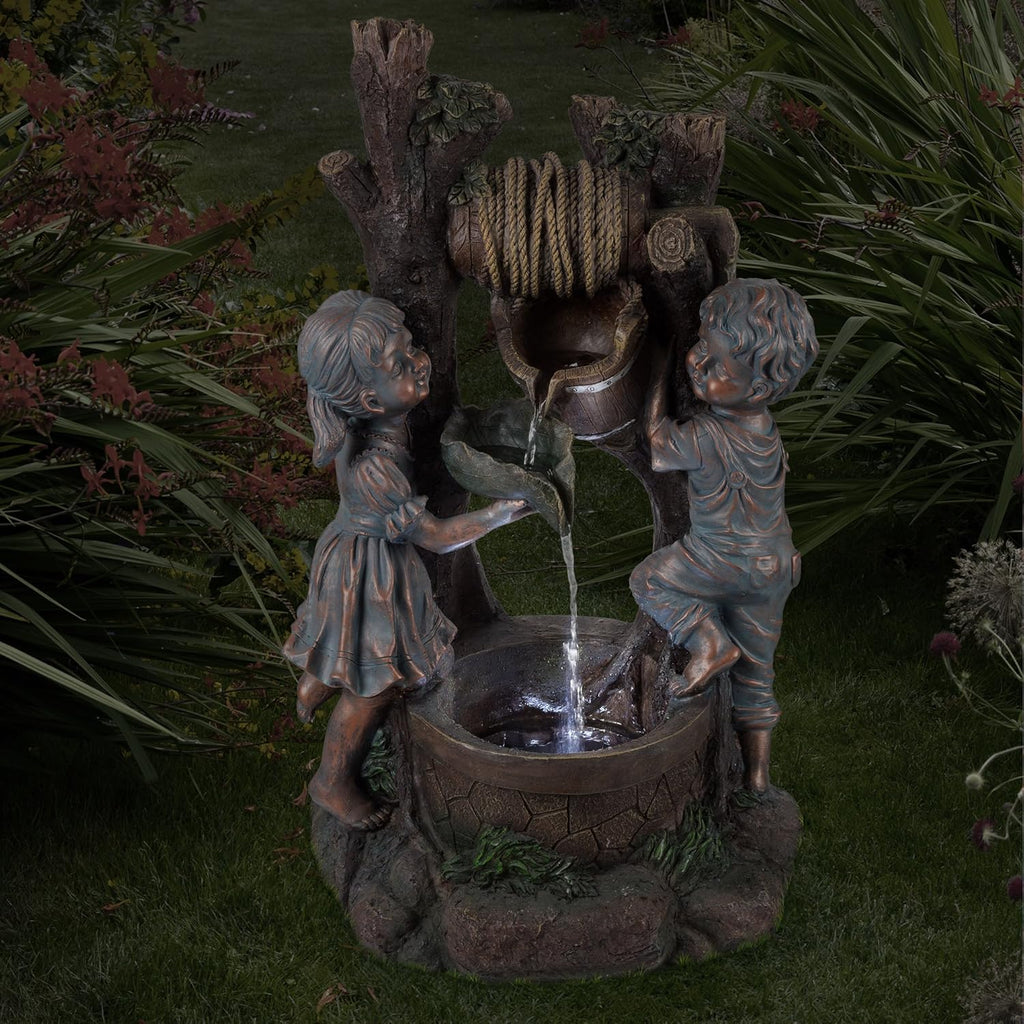 Boy and Girl Outdoor Water Fountain - Cascading Waterfall with Soothing Sounds and 4 LED Lights or Patio by (Antique