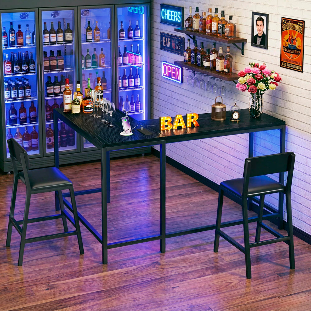 Bar Table and Chairs Set, 3 Piece Convertible L-Shaped Kitchen Table with 2 PU Leather Bar Stools, 63'' Counter