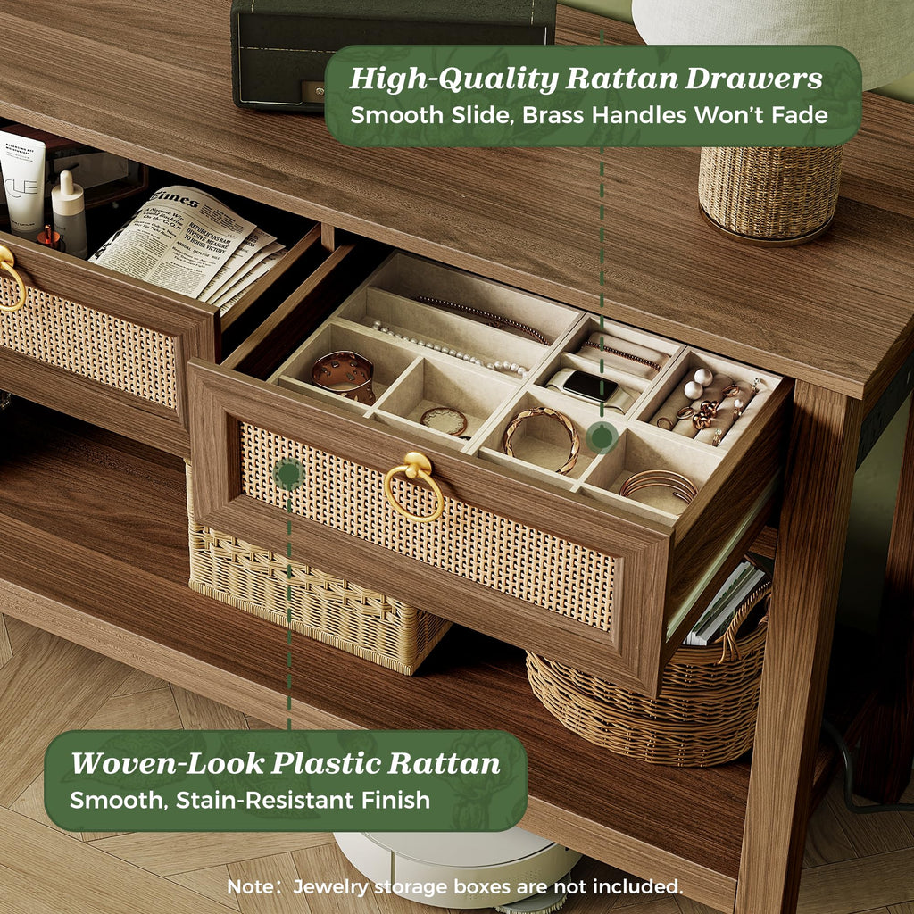 Rattan Console Sofa Table with Outlets, USB-C Port and 3 Drawers