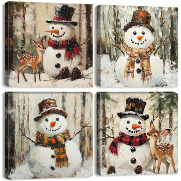 Christmas Snowman Canvas Wall Art Winter Holiday Home Decor Abstract Watercolor Snow Forest Pictures Vintage Snowman
