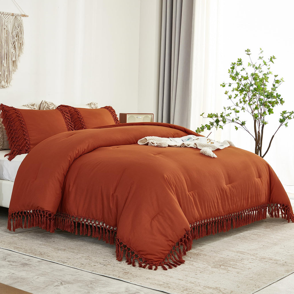 Terracotta Comforter Set King, 3 Pieces Boho Tassel Bedding